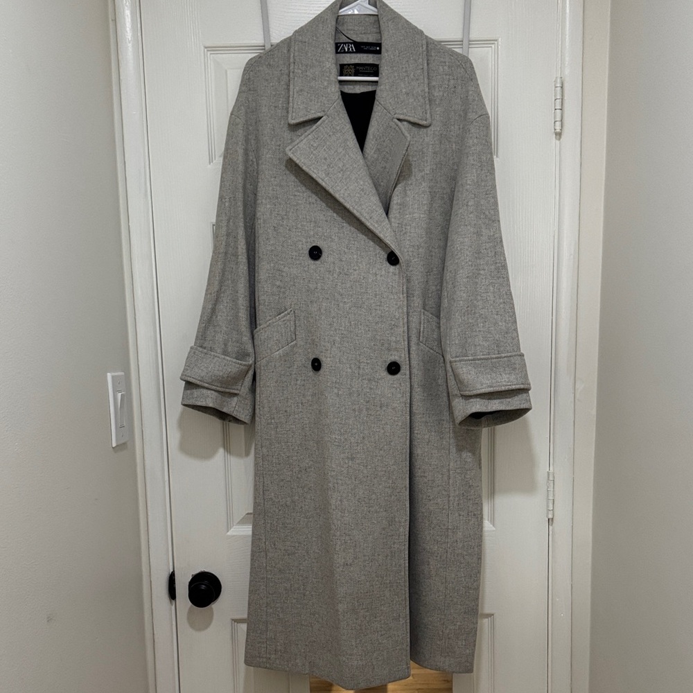 Zara Light Gray Double-Breasted Wool-Blend Trench Coat